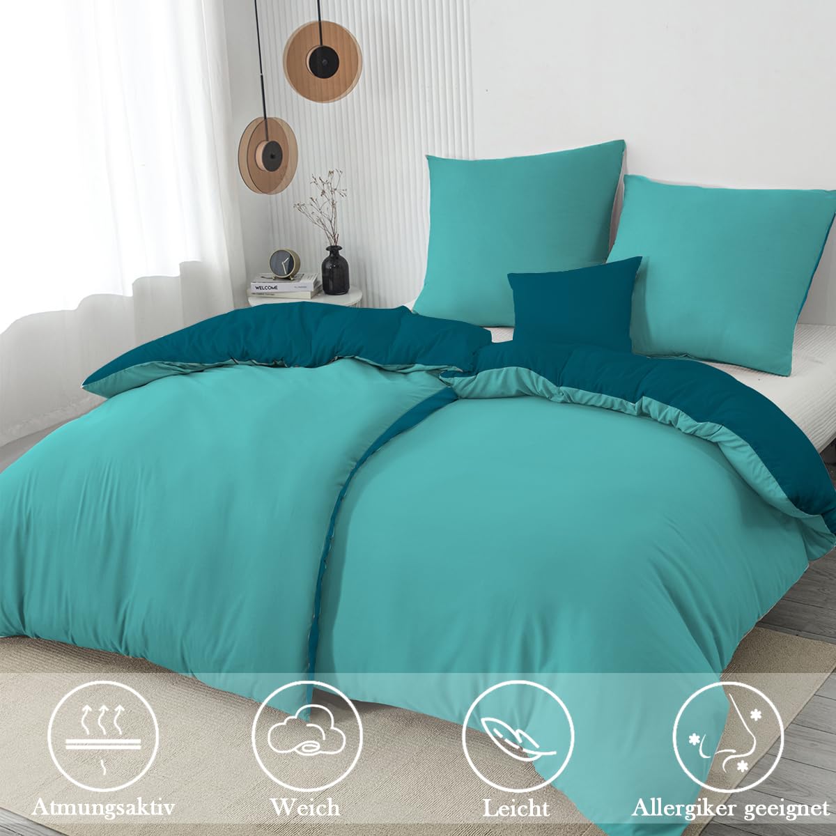 Biancheria da letto 135 x 200 cm, 4 pezzi, turchese/verde petrolio, set di biancheria da letto in microfibra, copripiumino reversibile 135 x 200 cm, 4 pezzi, morbido e non necessita di