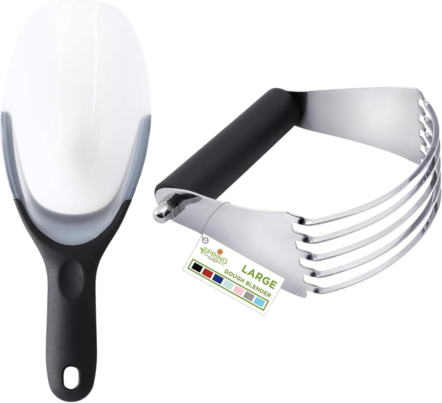Spring Chef Magnetic Ice Scoop with Soft Grip Handle & Professional Stainless Steel Large Dough Blender - 2 Product Bundle - Black