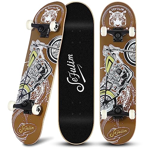 Sefulim 31x8 Pouces Skull Skateboard Complet Double Kick Trick Skateboards Enfants Débutants Skateboard adapté aux Adultes Garçons Filles