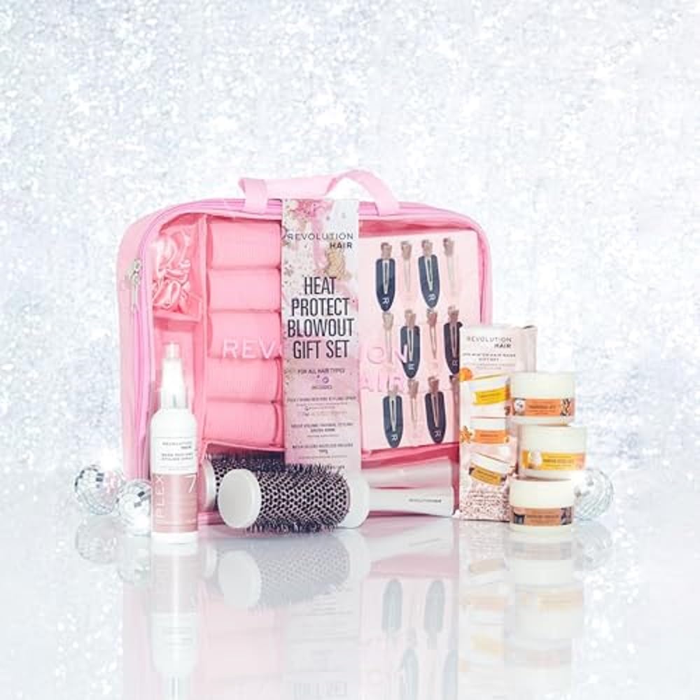 Makeup Revolution Haircare Plex Heat Protect Blowout - Set regalo per capelli, fermagli per capelli, spazzola elegante, rulli, spray per lo styling, elastico e borsa inclusi
