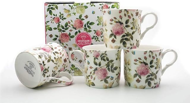 FINE Bone China Set of 4 Mugs Gift Boxed Butterfly Rose Mugs Free UK DELIVERY