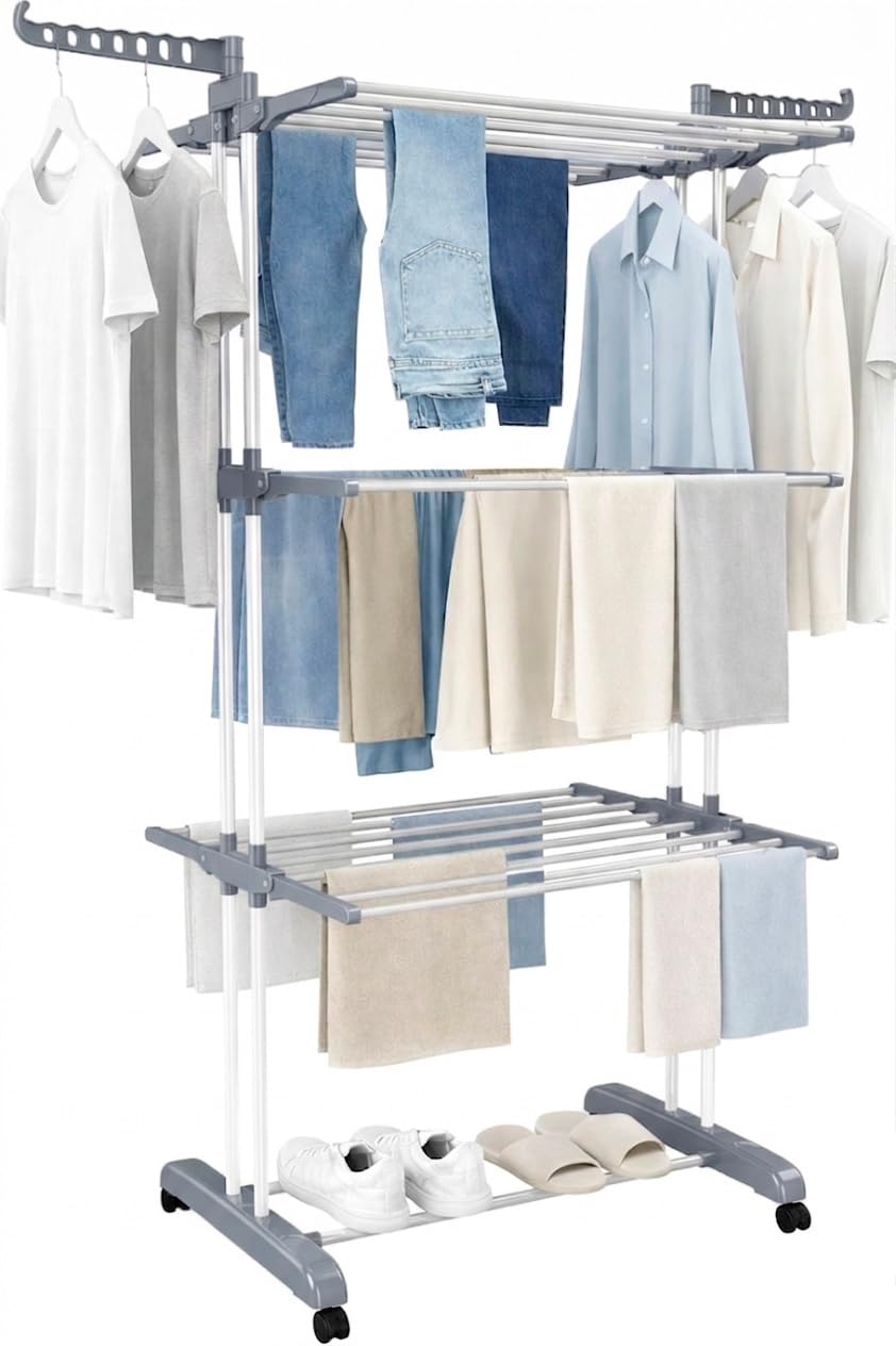 FUREINSTORE Tendedero de Ropa Plegable con Ruedas, 4 Niveles, Perchero con Ganchos Giratorios 360°, Gran Capacidad de Secado, Estante Multifuncional para Interior y Exterior (Negro+Blanco) — view 7