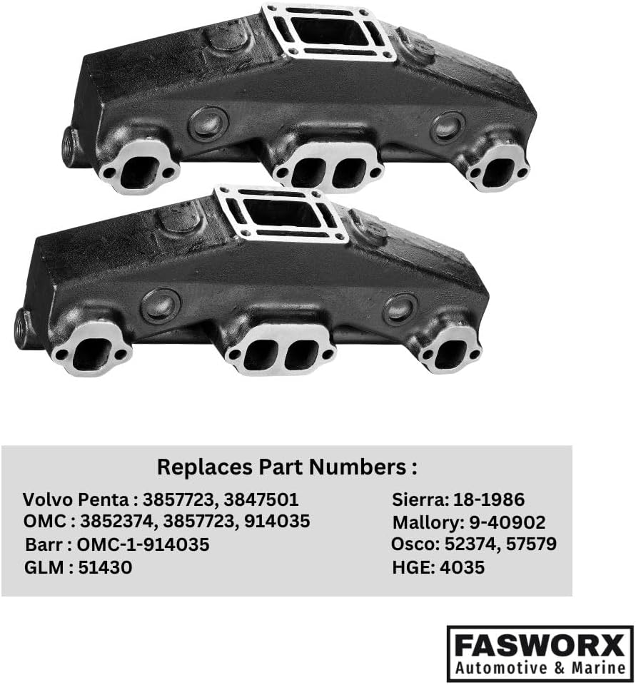 V8 5.0L 5.7L Penta OMC Exhaust Manifolds Cast Iron 3857723 and 3847501, Set of 2 Exhaust Manifolds, Gaskets, and Bolts for Penta OMC Exhaust Systems in V8 Engines 1992 or Newer by FASWORX