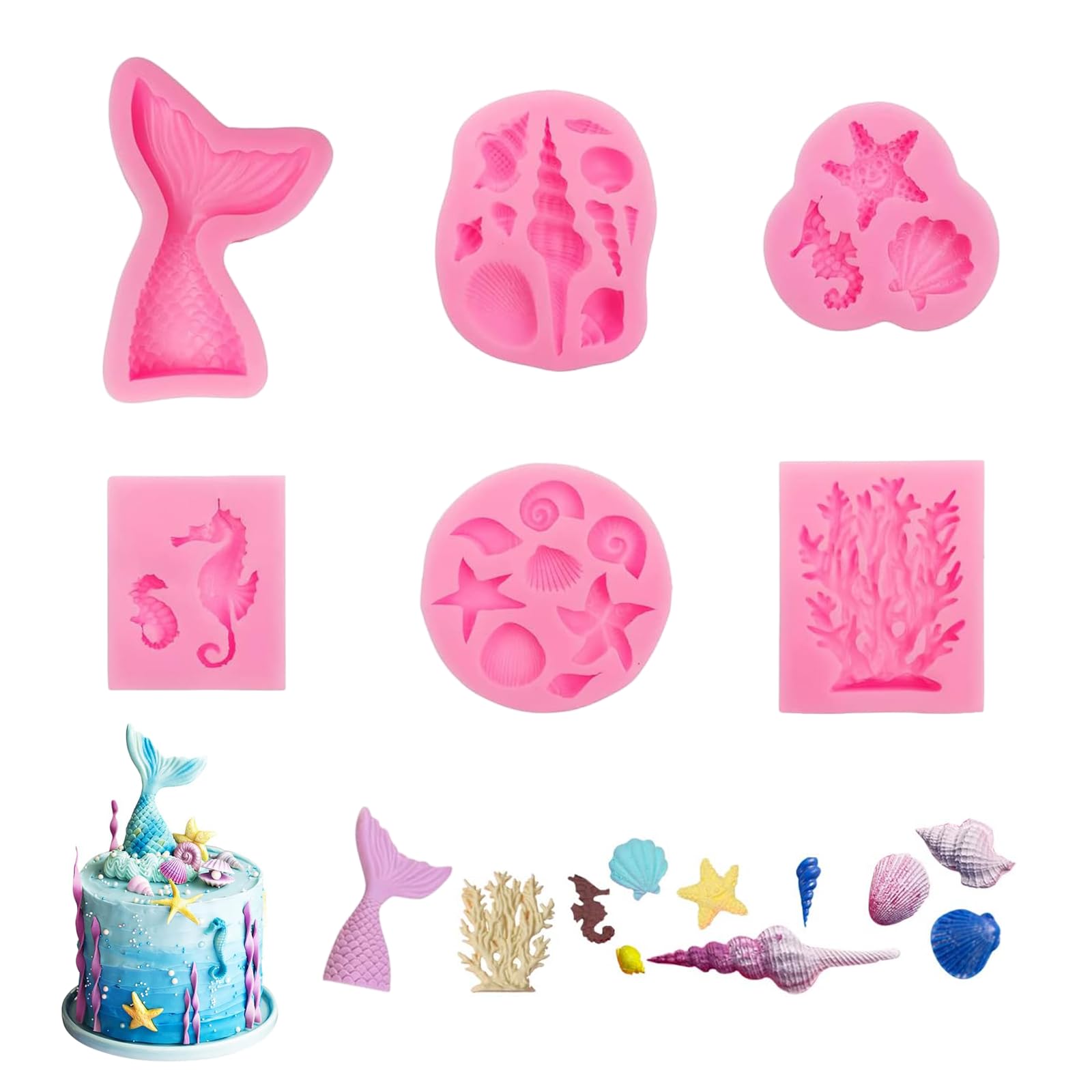 Set Di 6 Stampi In Silicone Per Sapone E Dolci A Forma Di Sirena E Animali Marini - Colore Rosa, Flessibili E Antiaderenti, Per Torte E Cioccolato - 2