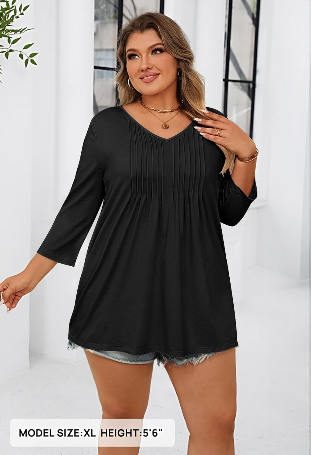 MEROKEETY 3/4 Length Sleeve Womens Tunic Tops Summer Dressy Casual Pleated Loose Fit Shirt Blouses - Image 5