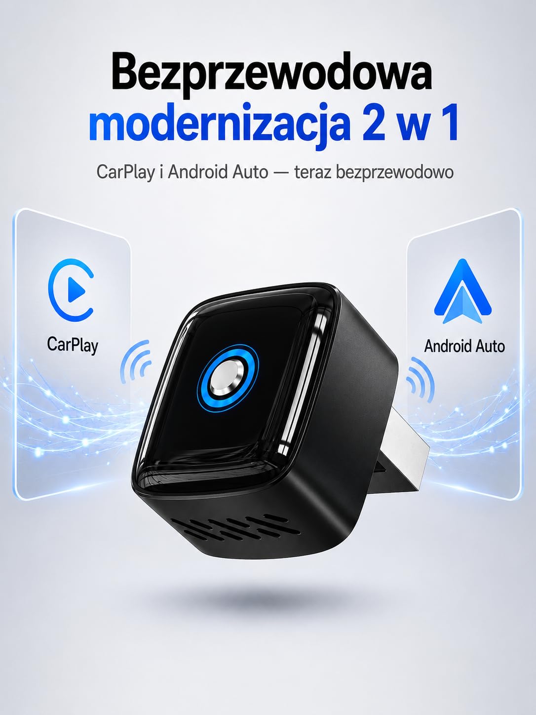 Bezprzewodowy Adapter CarPlay i Android Auto 2 w 1, pamięć dwóch telefonów, szybkie przełączanie, Plug & Play USB-A/USB-C, 5.8GHz WiFi, OTA, Czarny
