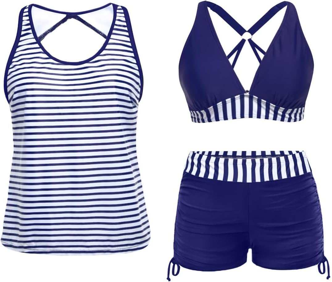 Yonique 3 Piece Tankini Swimsuits for Women Swim Tank Top Bathing Suits with Boy Shorts and Bra Athletic Swimwear