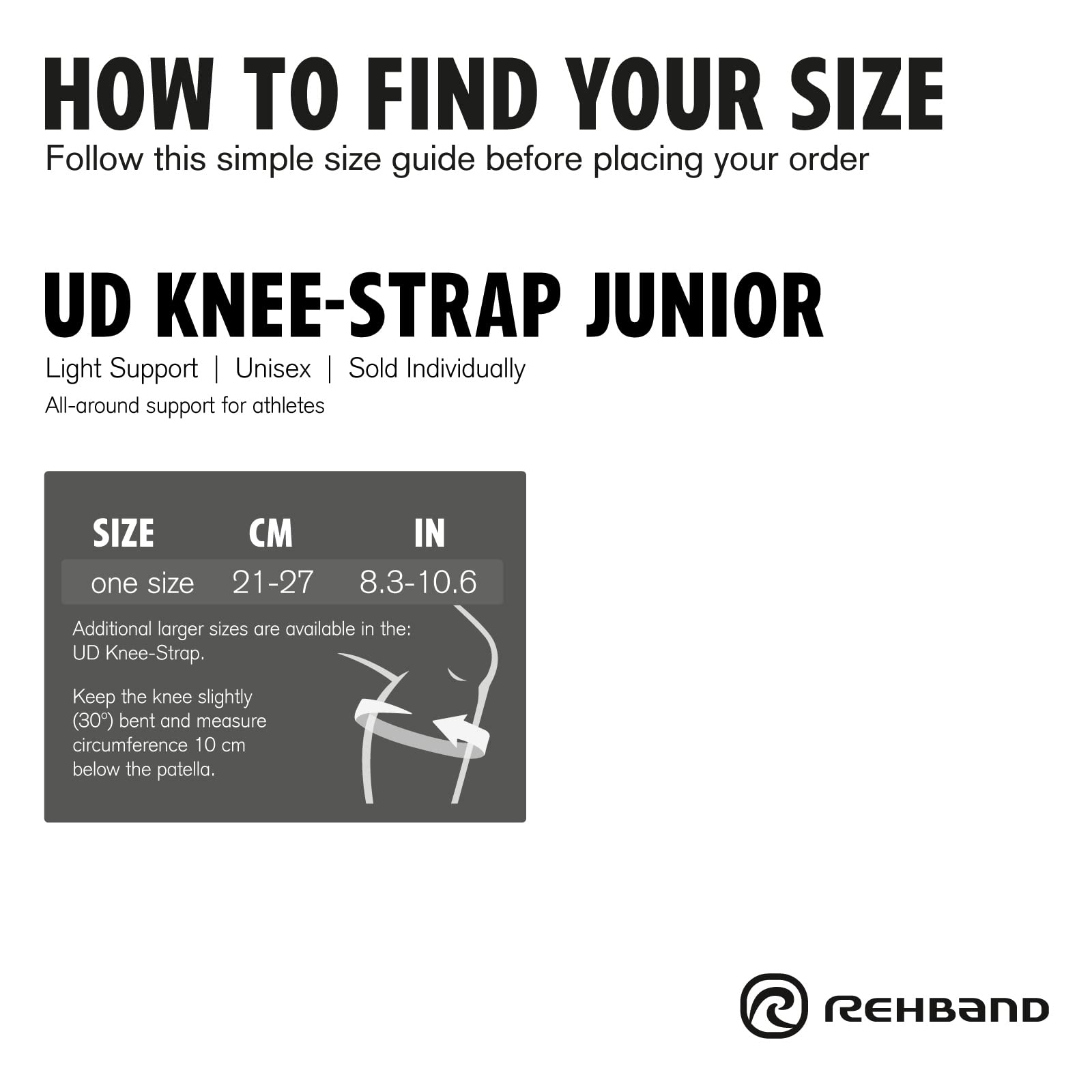 Rehband UD rodillera para niños - Soporte de rótula con almohadilla de presión, banda para el tendón rotuliano infantil para fútbol, running, balonmano y tenis, Color:Negro - 1 Par,Talla única
