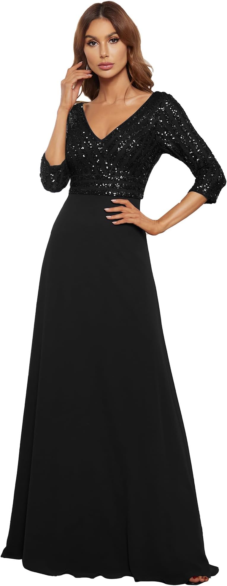 Women's Elegant Formal Dress V-Neck Long Sleeve Sequin Mother of The Bride Dresses Maxi Chiffon Evening Gown 0751
