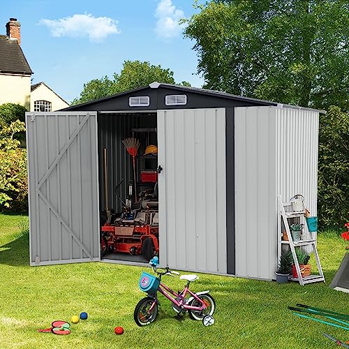 Verano Garden 8x6 FT Outdoor Storage Shed, Galvanized Steel Metal Garden Shed, Double Door W/Lock, Outdoor Storage Tool House for Backyard, Patio, Lawn
