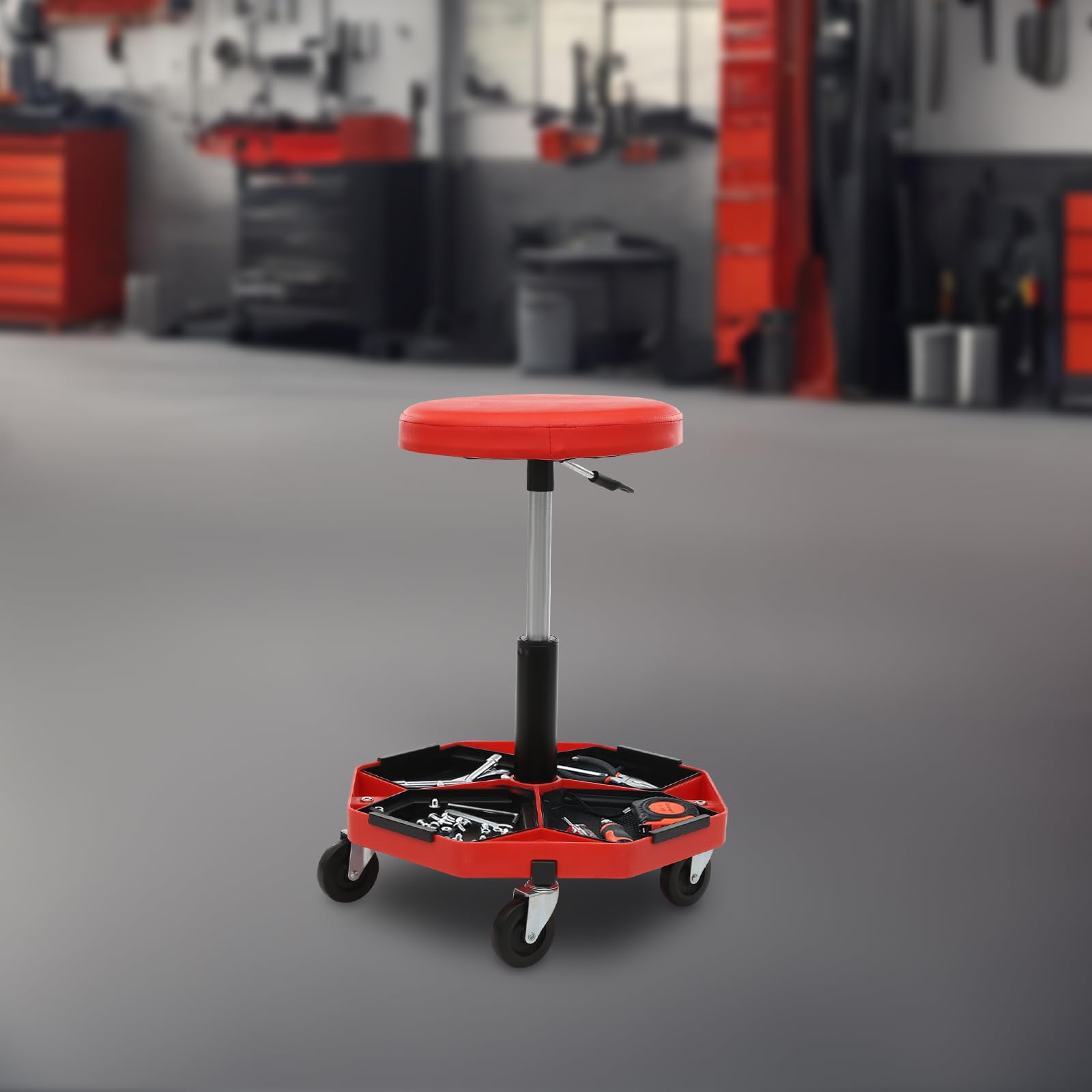 Sgabello da officina regolabile in altezza, sedile pneumatico per garage, girevole a 360°, con ripiano per attrezzi, portata di 16,93 pollici, seduta comoda, colore nero (rosso)