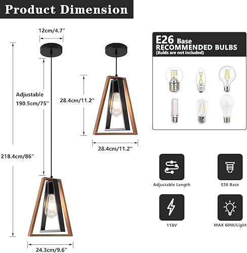 Miniatura 10 de Lámpara colgante moderna de madera y negro, lámpara de techo colgante industrial, lámpara de techo colgante de granja de cocina, iluminación de isla