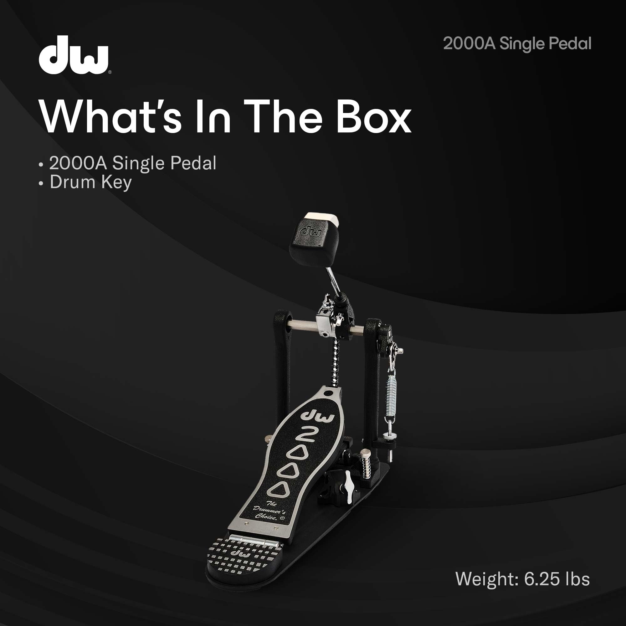 DW 2000A | Pedale grancassa singolo Serie 2000 | Perfetto per i batteristi di ogni livello | Robusto telaio completamente metallico con Accelerator Drive a catena singola | Battente a due facce