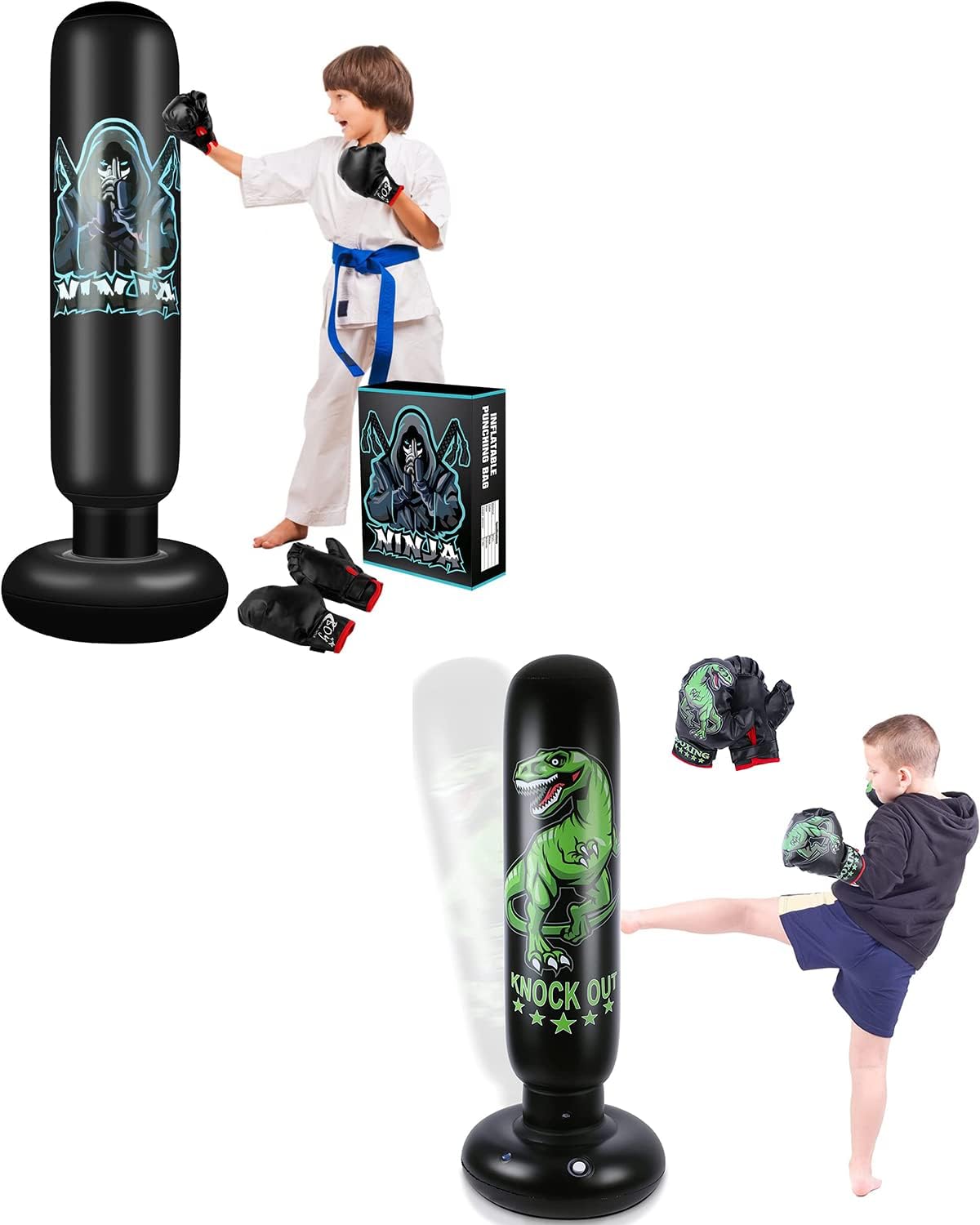 Inflatable Punching Bag for Kids - 63" Inflatable Kid Boxing Bag - Children Sports Toy for Sparring Boxing Bag Suitable for Karate Kickboxing - Dinosaur Pattern & Ninja Pattern : Sports & Outdoors