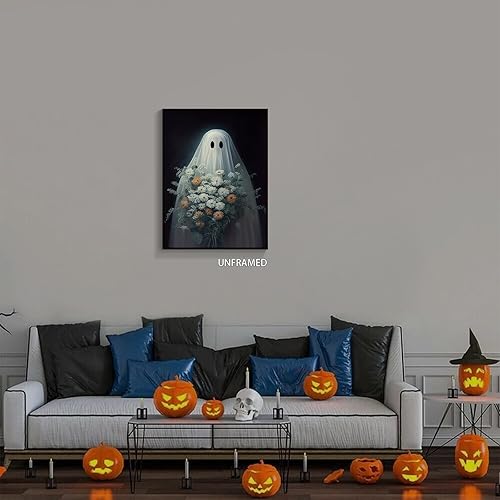 Miniatura 9 de Wodkodnxy Lienzo decorativo para pared de fantasmas de Halloween, divertido póster de fantasmas lindos sosteniendo flores, Academia oscura
