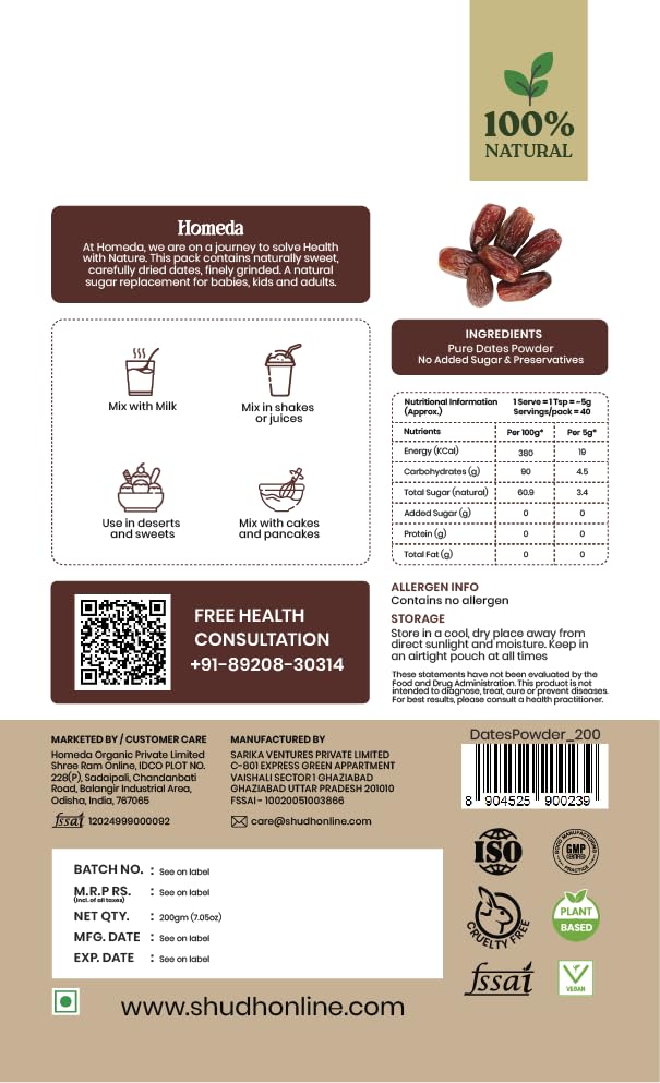 Image of Homeda Dates Powder Organic for Kids, Baby, Adults (200g), Dry Date Sugar Natural, Kharik Powder, Khajur Seed without Sugar, 100% Natural Sweetener, No Preservatives