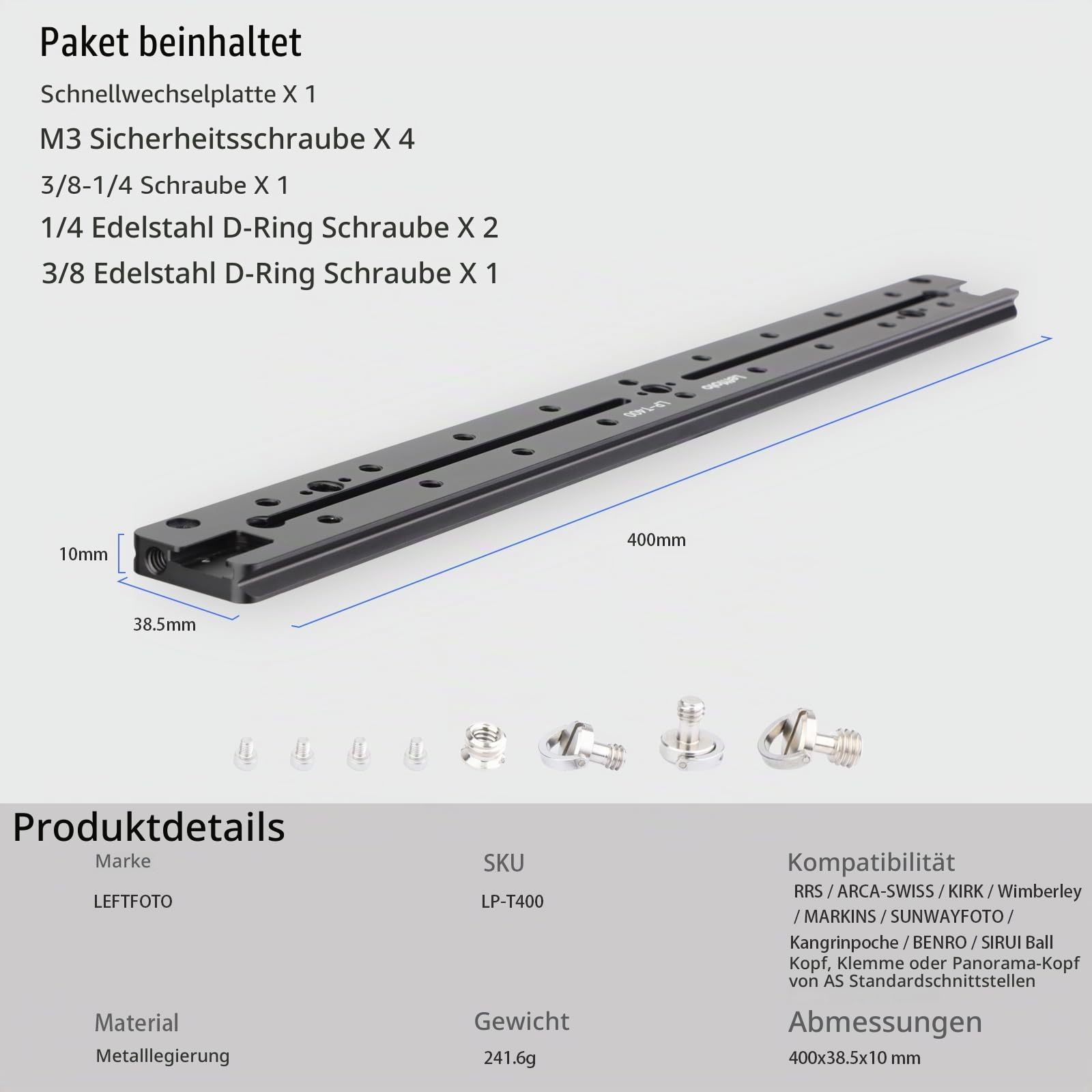 LEFTFOTO 400 mm verlängerte Schnellspanner-Doppelschwalbenschwanz-Schiene, Universal-QR-Platte, ARRI-Positionierungsloch, 1/4-Zoll- und 3/8-Zoll-Gewinde, Kaltschuh