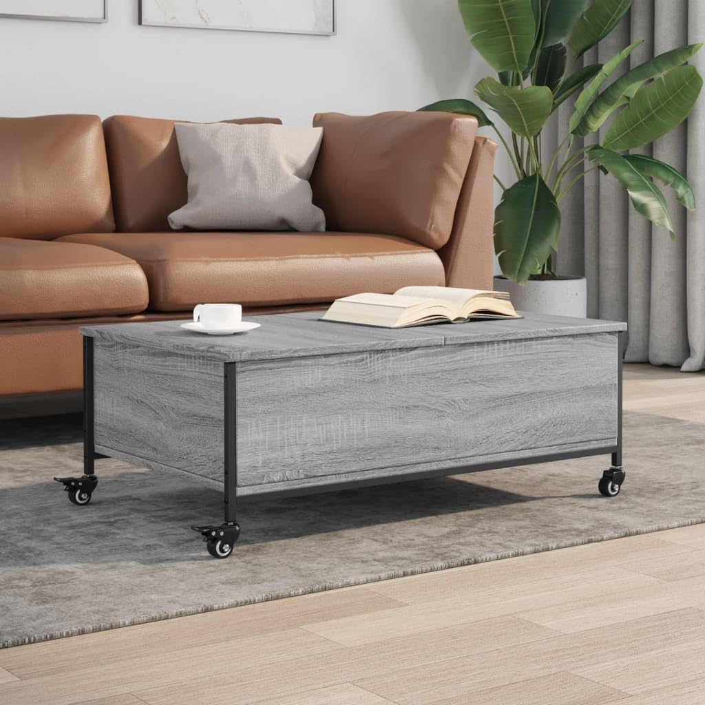 Tavolino da salotto con ruote, grigio sonoma, 91 x 55 x 34 cm, in legno, mobile per soggiorno, con spazio e ruote bloccabili, per soggiorno, ufficio o decorazione