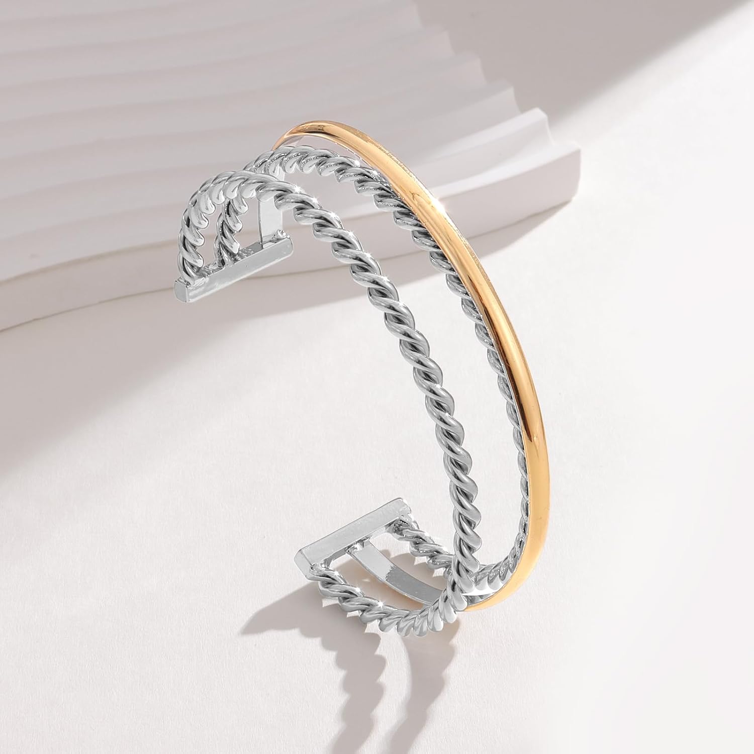 Two-Tone Twisted Rope Cuff Bracelet for Women, Gold & Silver Tone Mixed Metal Open Bangle Bracelet, Statement Chunky Bracelet - Image 7