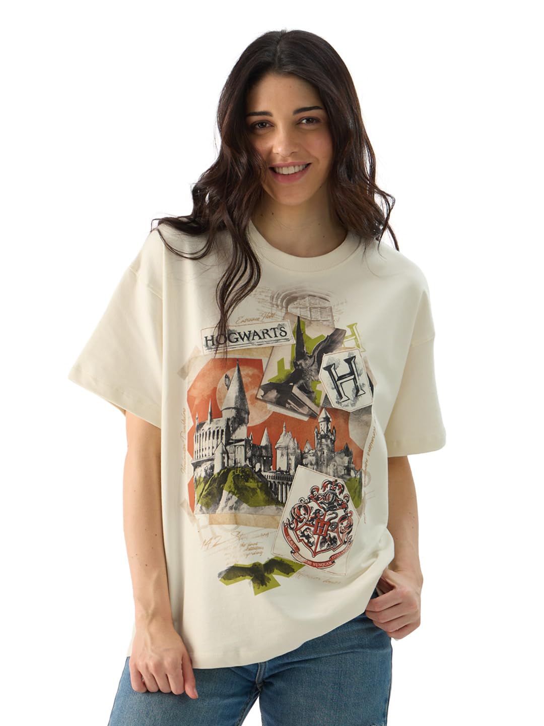 The Souled StoreOfficial Harry Potter: Hogwarts Women and Girls Short Sleeve Round Neck Off White Graphic Printed Cotton Oversized T-Shirts