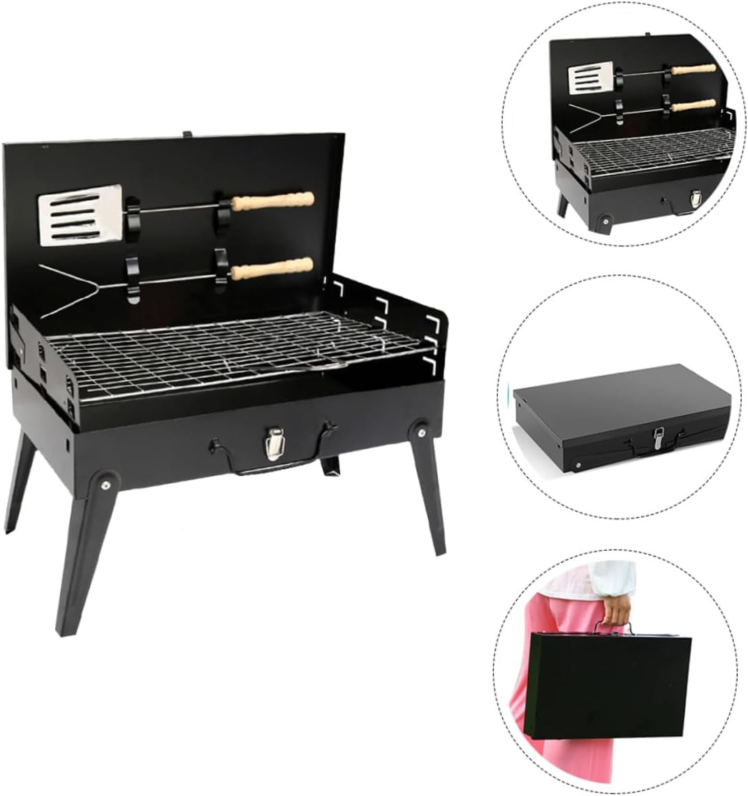 Vaguelly Portable Folding Outdoor Bbq Grill with Barbecue Tools, Compact Box-style Stove 44x27x47cm for Camping and Picnic