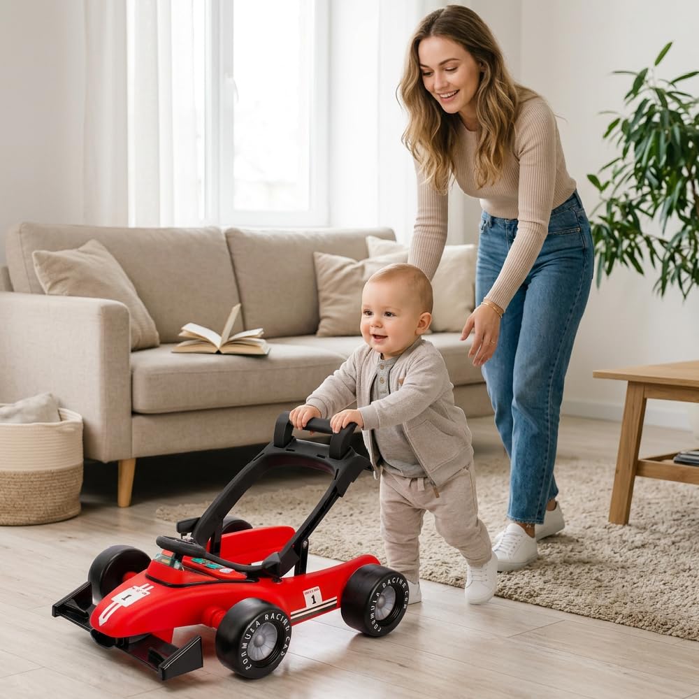 Andador para bebés Formula Racing, 6-18 meses, baby walker plegable con ruedas silenciosas, caminante con Empuje Regulable en Altura, coche de aprendizaje móvil con música y luz (Rojo)