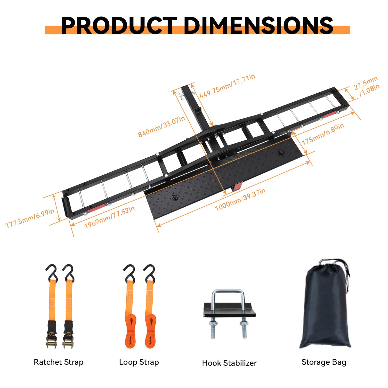 Garvee Portamotos para Enganche de Remolque 227 kg (500 lbs), Soporte de Acero al Carbono para Moto con Rampa de Carga Plegable y Estabilizador Antibalanceo, Compatible con Receptor de 5 cm, Negro