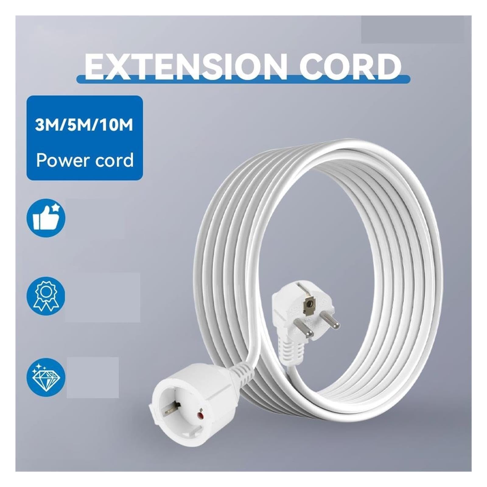 Rallonge de Prise UE 3680W, Contact de Protection à tête Plate, câble 16A 250V 1 5mm², Ligne de Prise de Courant 3M 5M 10M(SH-16-White-10M)