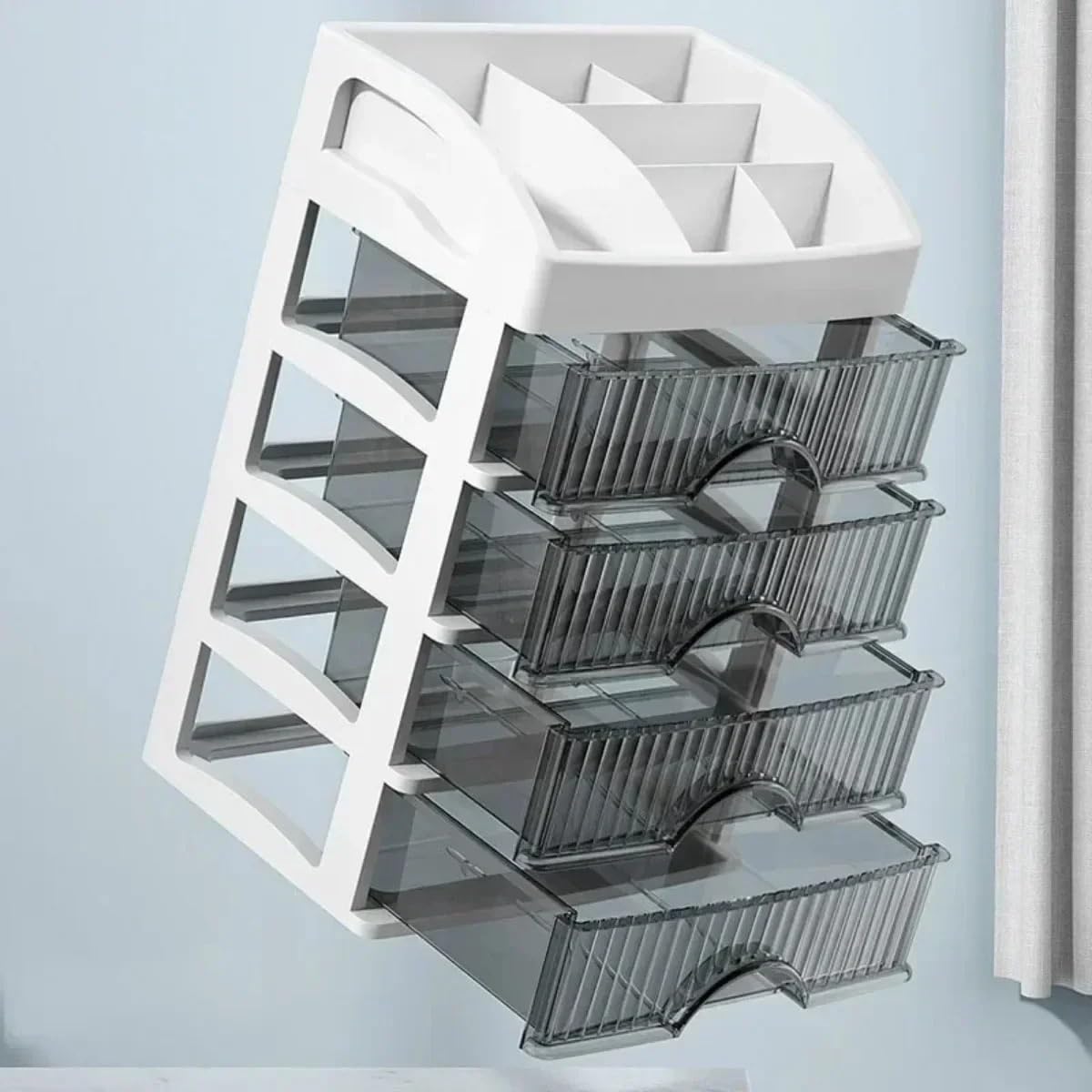 Schminktisch Organizer Aufbewahrungsbox Desktop-Aufbewahrungsschublade Mehrschichtiger Schrank Kosmetikorganisatoren(White-three)