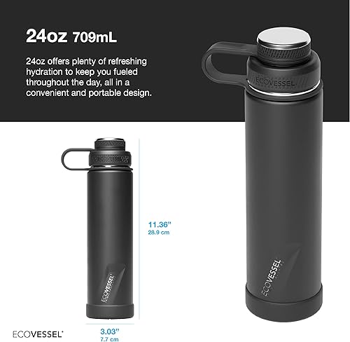 Miniatura 2 de EcoVessel Botella de agua de acero inoxidable con tapa doble aislada, botella de agua aislada con colador y parachoques de botella de silicona, taza