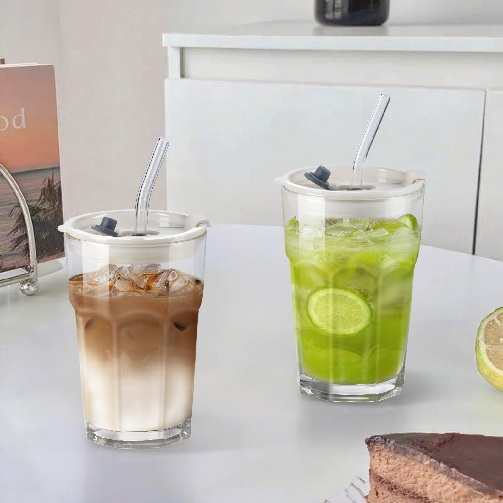 ecooe 430 ml żebrowane szklane kubki z pokrywką i słomką, 2 sztuki, szklane kubki do smoothie, mrożonej kawy, hermetyczne, wodoodporne szklanki do kawy, szklanki do picia soku matcha latte, mleka