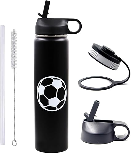 Miniatura 23 de Botella de agua de fútbol americano de 12 onzas con pajilla, termo deportivo de metal de viaje con 2 tapas, acero inoxidable de doble pared con
