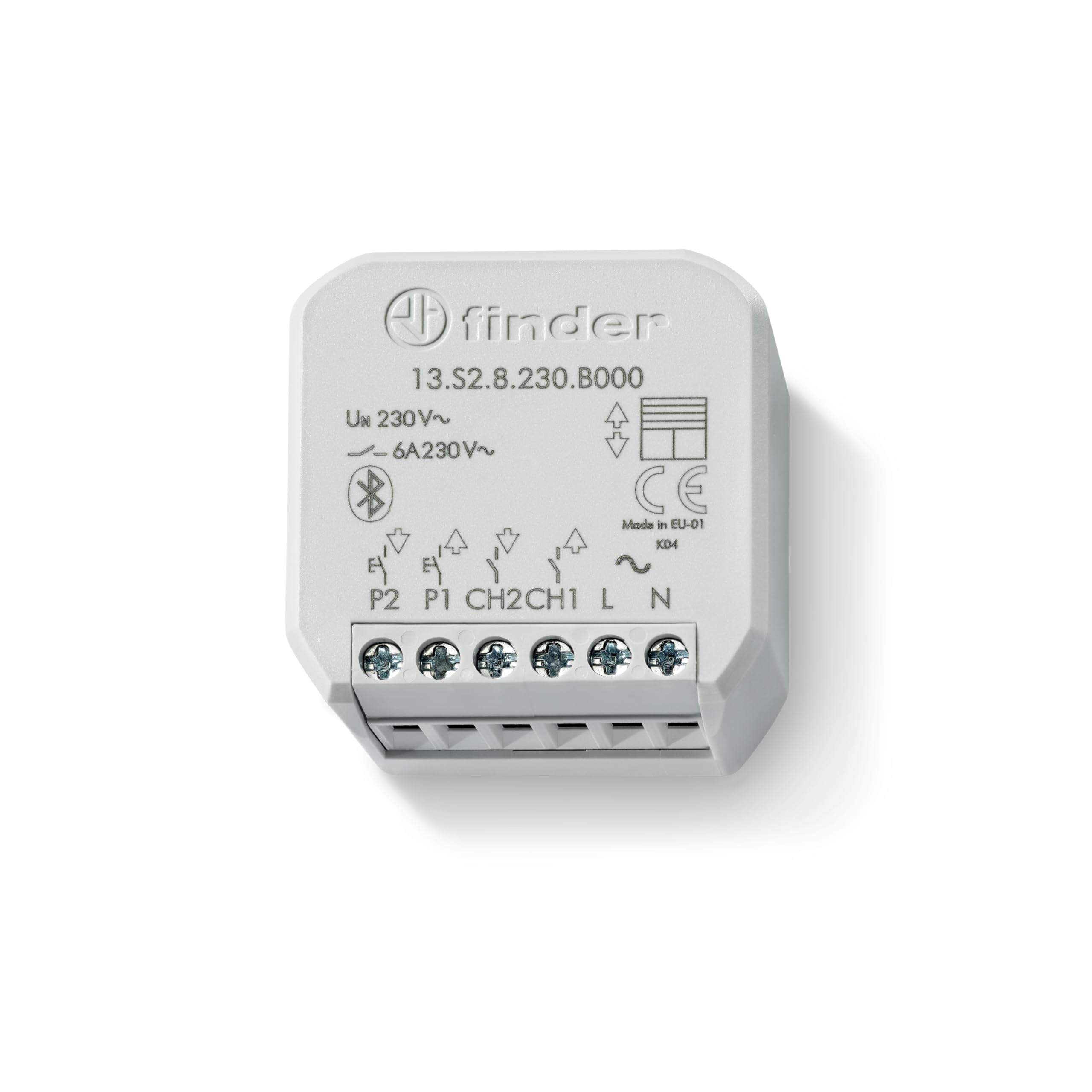 Finder Attuatore bluetooth comando tapparelle Connesso da Incasso Tipo 13.S2.8.230.B000. Per il controllo da remoto di tende e tapparelle elettriche. Connessione Bluetooth Low Energy