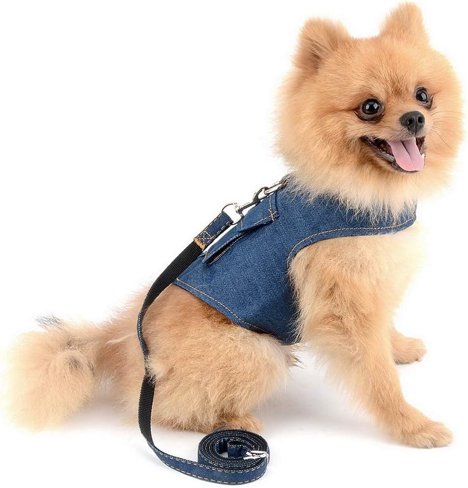 Zunea Small Dog Denim Harness Leash Set No Pull Jean Jacket with D-Ring for Lead Step-in Vest Harnesses Adjustable Durable Pet Puppy…