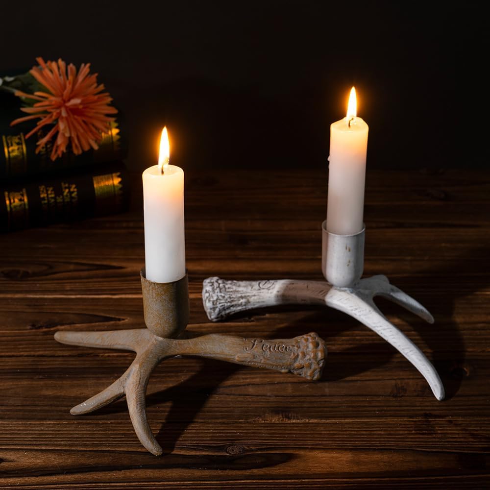 Antler Candle Holder for Table Decor, Rustic Resin Candelabra Centerpiece for Farmhouse, Christmas, Cabin, Wedding, Mantel Deer Horn Decoration for Holiday Home Decor, 7.68 Inch,White