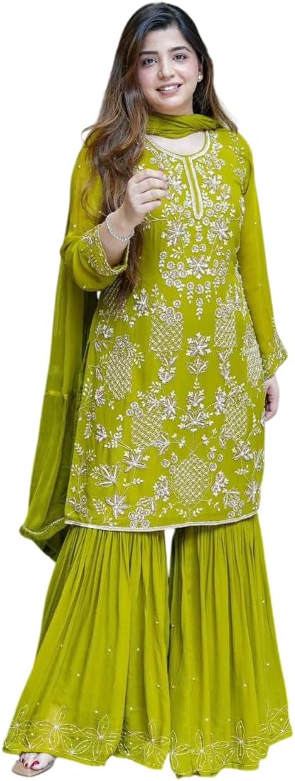Women's Faux Georgette Sequins Embroidery Salwar Suit Set Kurta Palazzo with Dupatta For Women