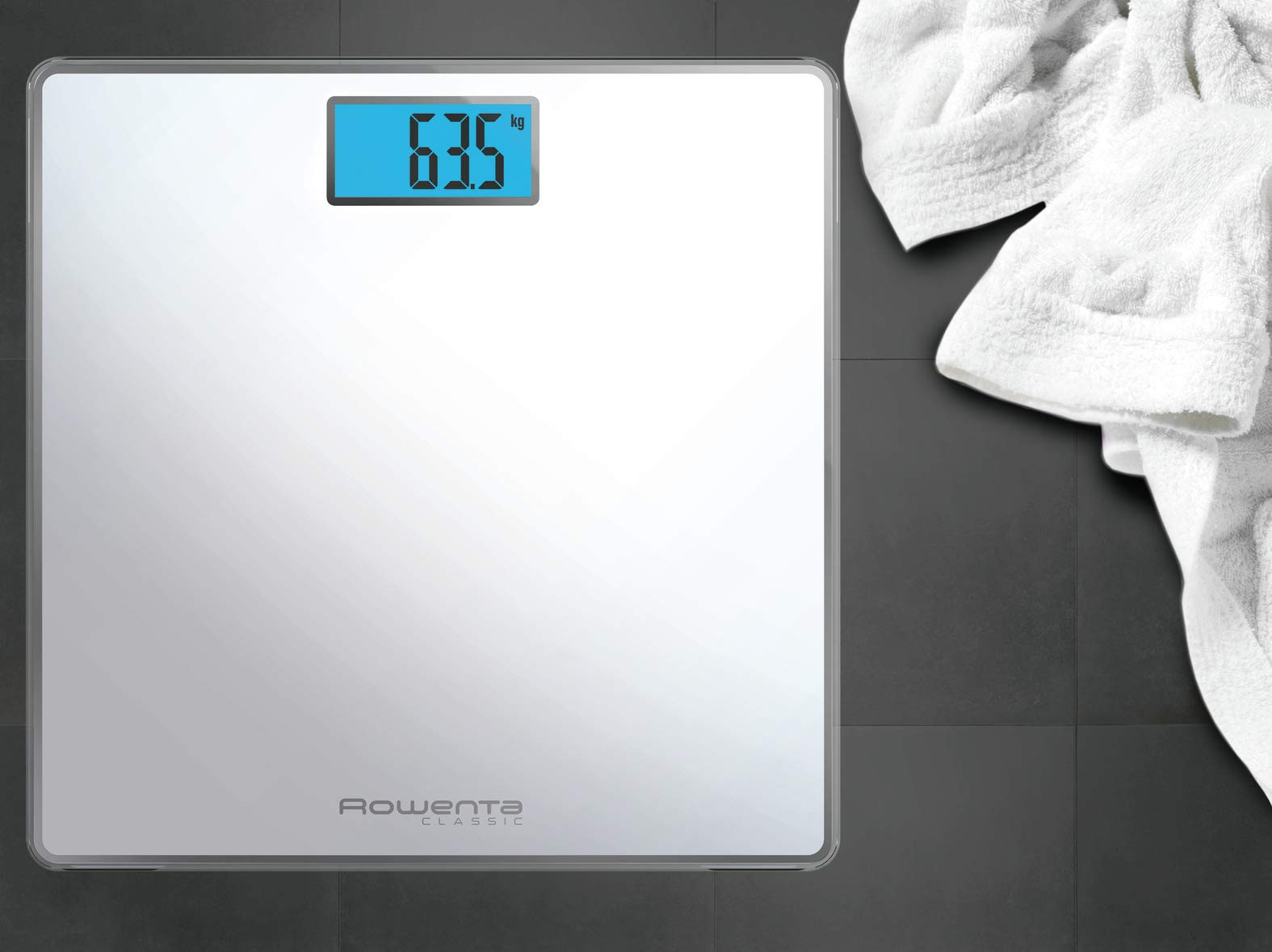 Rowenta Classic BS1501 - Báscula de baño con Pantalla LCD, Compacta, Capacidad de 160 kg, Plataforma de Vidrio y Apagado Automático que Incluye Pilas, color blanca