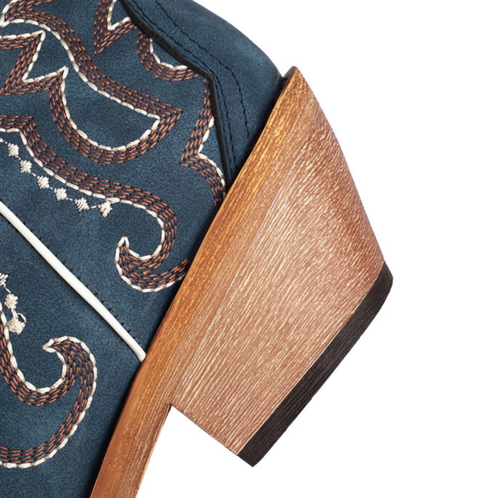 Stivali Cowboy Donna Western in Camoscio Blu Navy con Ricamo Tacco Largo in Legno Stile Country Rodeo Danza