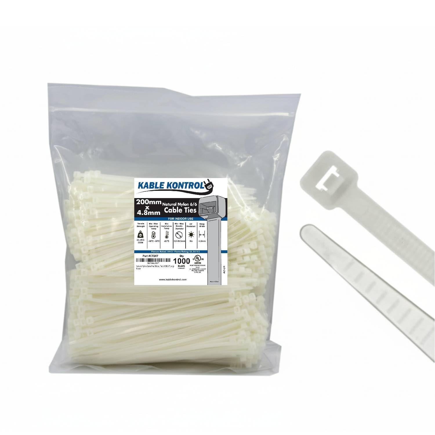 Kable Kontrol Natural White Cable Ties, 200 mm x 4.8 mm, Pack of 1000, 8" Premium Nylon Zip Ties, Multi-Purpose Plastic Tie Wraps, Secure Self-Locking Mechanism, for Home, Garden, Office and DIY