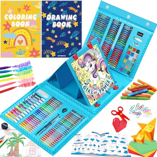 All in One Art Supplies, Art Kit Includes Origami & Paper-Cutting Crafts, Easel, Colored Pencils, Crayons, Drawing Book, Coloring Book, Watercolor Markers and More, Art Set for Kids Girls Boys, Blue