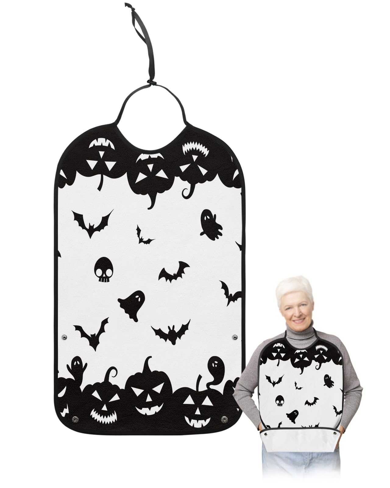 LEOKOTI Halloween Adult Bibs for Eating, Waterproof Bibs with Food Catcher & Adjustable Snap Closure, Black and White Bat Pumpkin Ghost Washable Clothing Protectors Adult Bibs for Elderly Women/Men