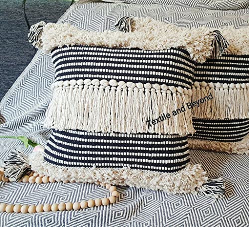 Image of Cushion - Boho Designer Handloom Cotton Throw Cushion Cover Set of 2, 16X16 inches, Sofa, Couch, Chair, Kitchen, Bedroom, Room, and Decorative Pillow Cases