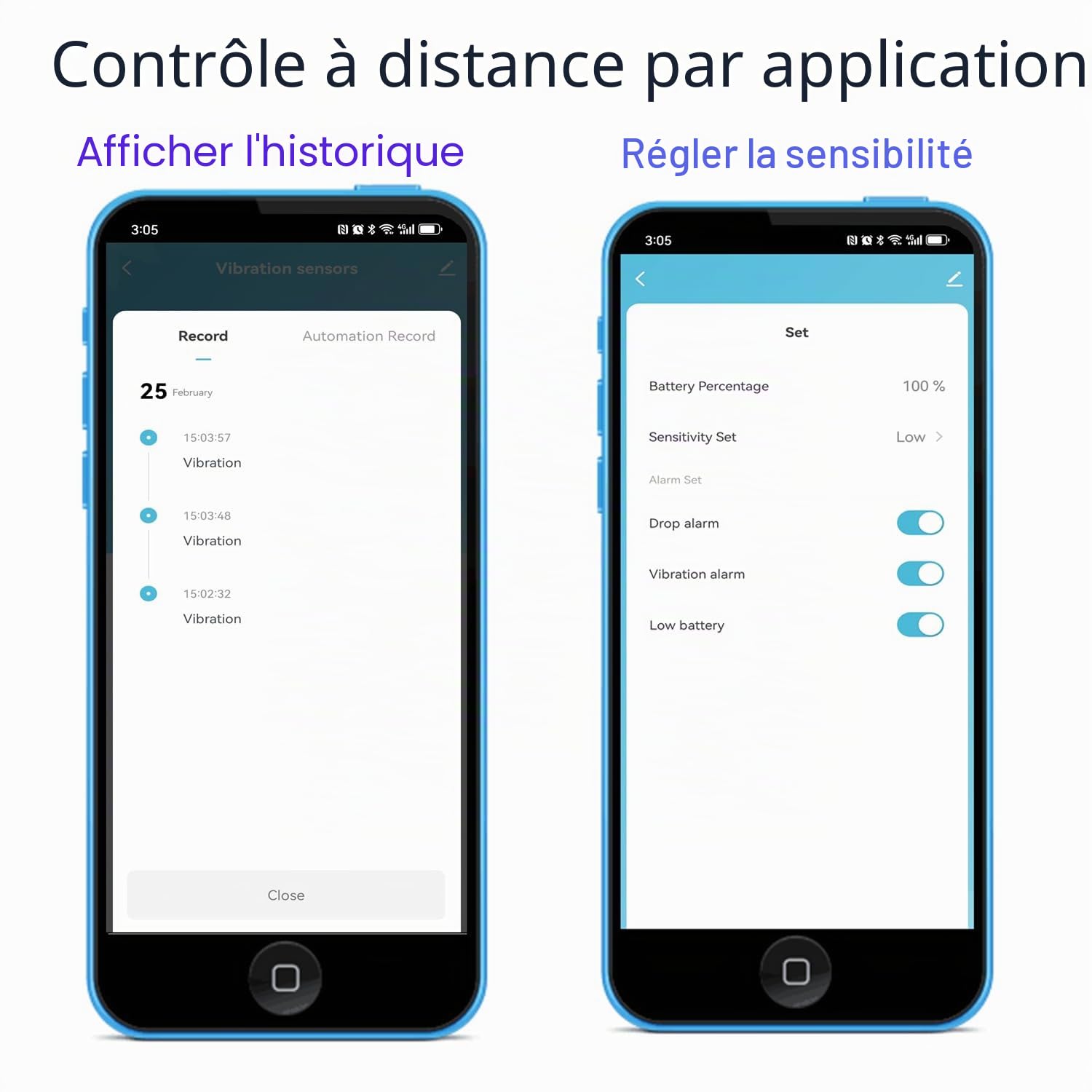Capteur de Vibration Intelligent: capteur de Verre cassé sans Fil, capteur de Porte WiFi avec Alarme d'application, sensibilité réglable, capteur de sécurité en Verre brisé pour Les installations