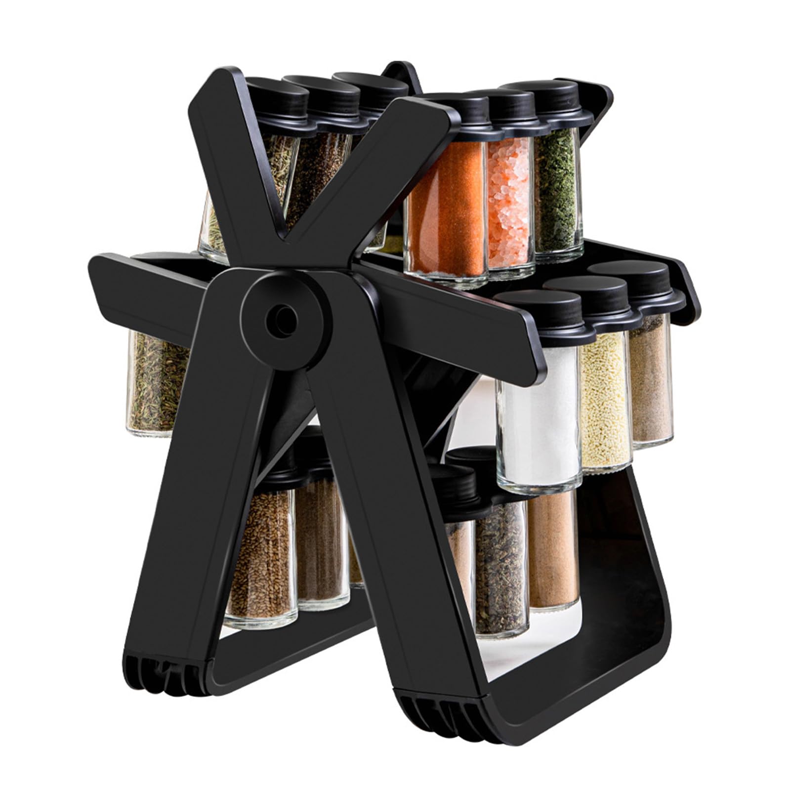 SIXRUN Drehbares Gewürzregal für 18 Gläser mit Beschrifteten Gläsern für eine Effiziente Küchenorganisation, Platzsparend, Schwarzes, Modernes Design