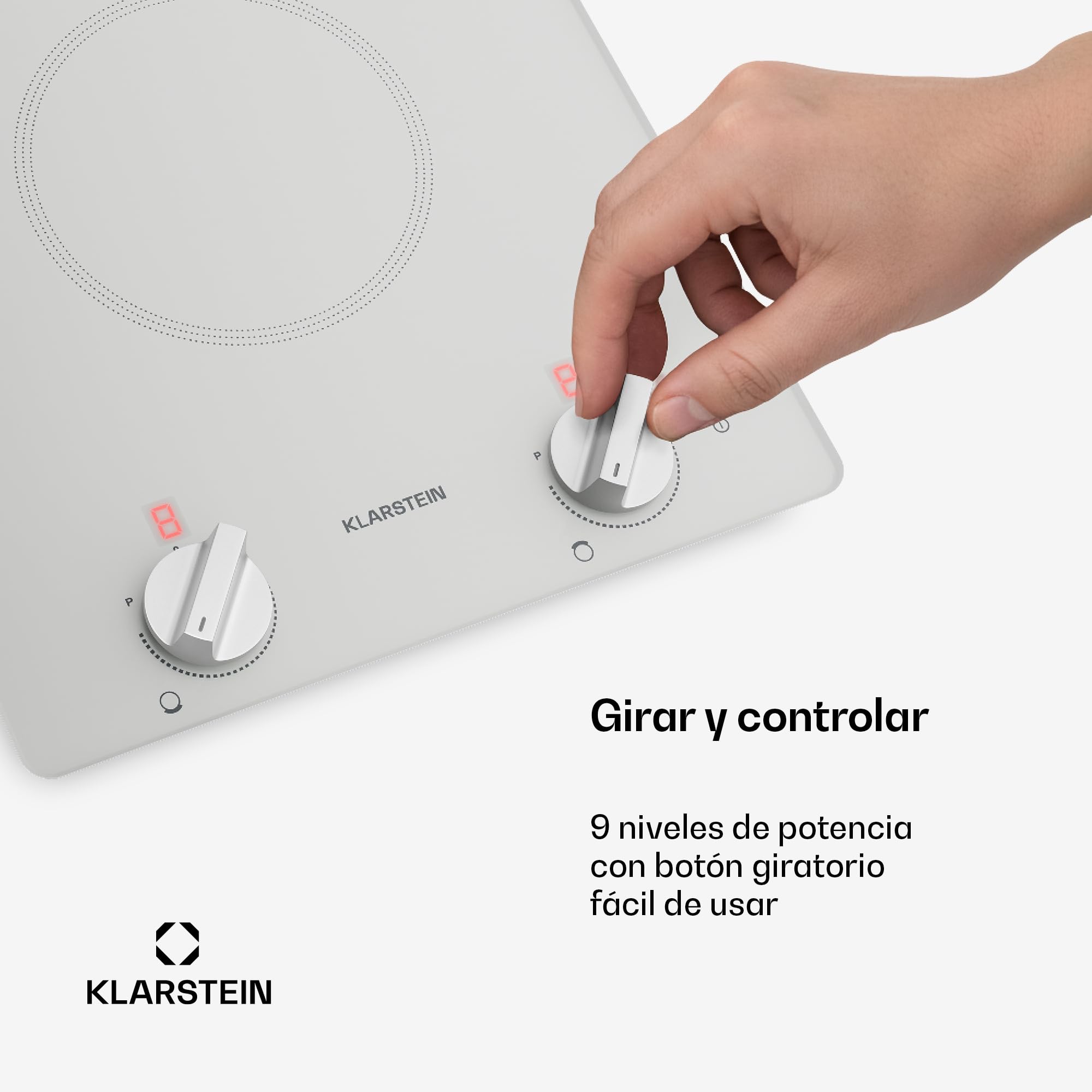 Klarstein Placa Inducción, 30cm - 2 Zonas, 3500W Boost, Mando Giratorio, Indicador Calor Residual, Protección Sobrecalentamiento, Superficie Cristal, Cocina Compacta