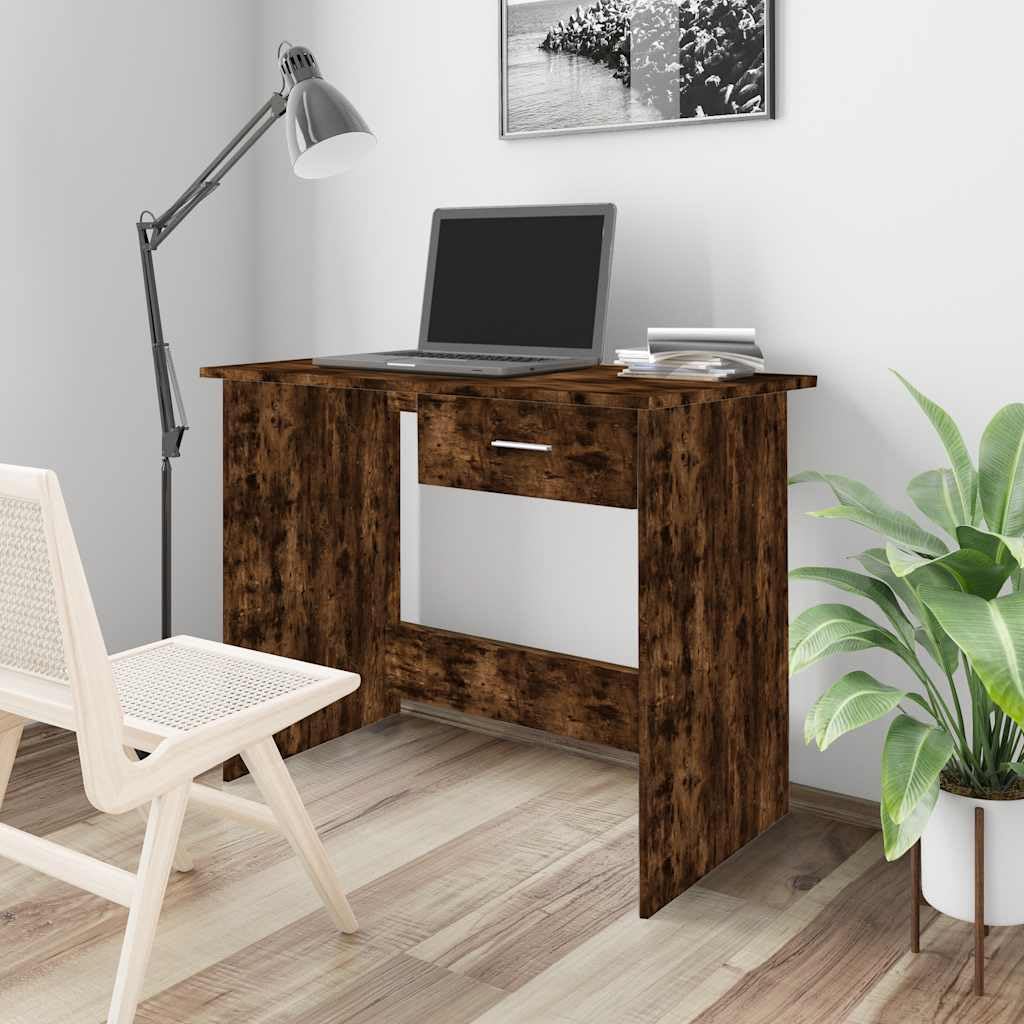 Scrivania in legno di rovere affumicato, 100 x 50 x 76 cm, con cassetto, scrivania da ufficio per casa, studio, camera dei ragazzi, scrivania per laptop e computer, postazione di lavoro
