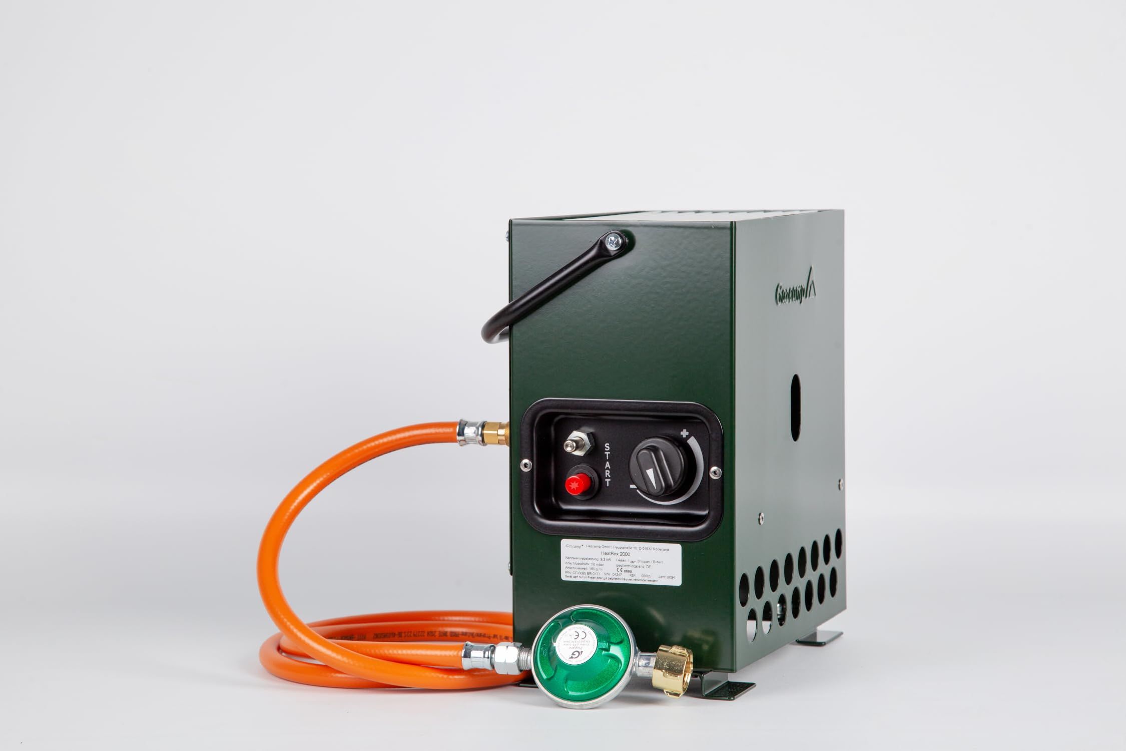 Gazcamp Heatbox 2000 grün 50 mbar Set *Tasche grün/Regler * Zeltheizung Campingheizung Anglerheizung Jadgheizung