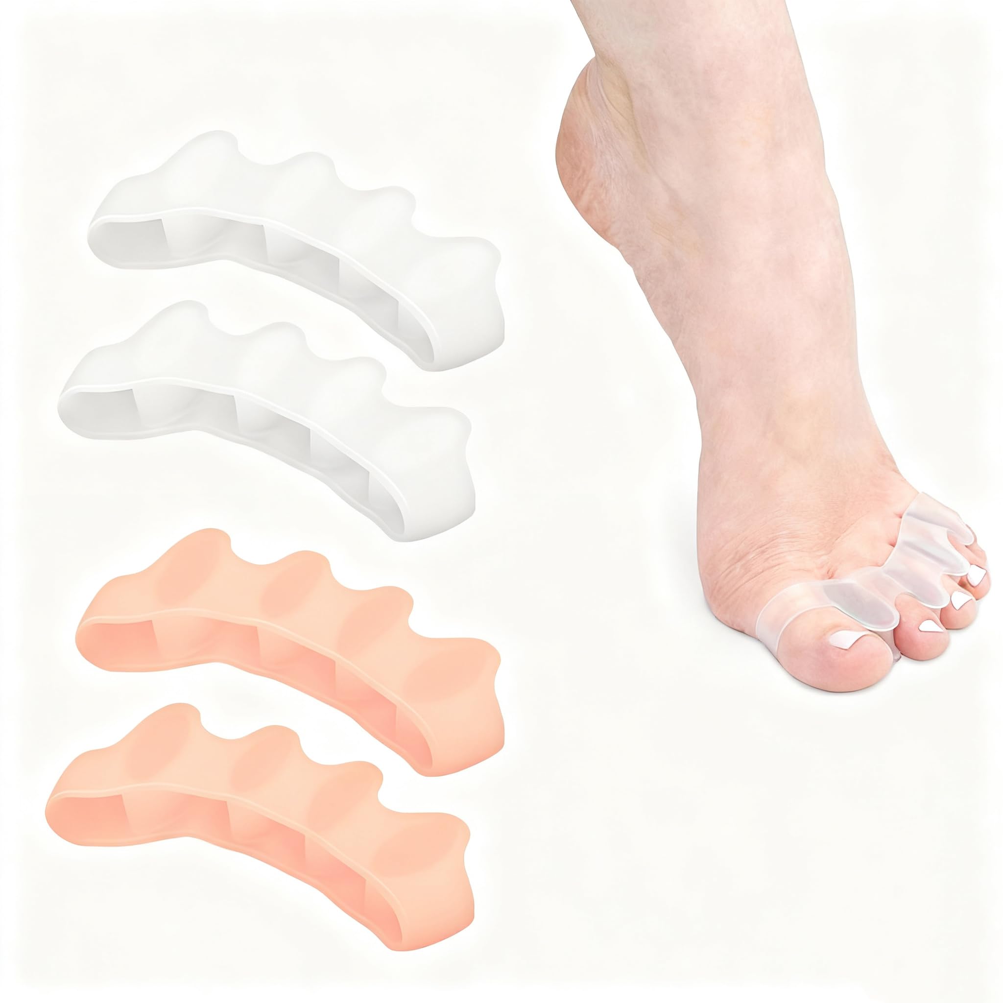 XINIFOOT Toe Separators for Women & Men - Bunion Corrector, Hammer Toe Straightener, Relieves Foot Pain (2 Pairs, White + Beige) Beige & White