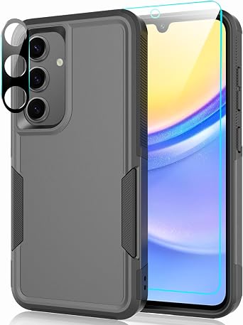 Designed for Samsung Galaxy A15 5G Case with Tempered Glass Screen Protector & Camera Lens Protector,Heavy-Duty Tough Rugged Slim Shockproof Phone Case for Galaxy A15 5G 6.5", 2024 [Black]