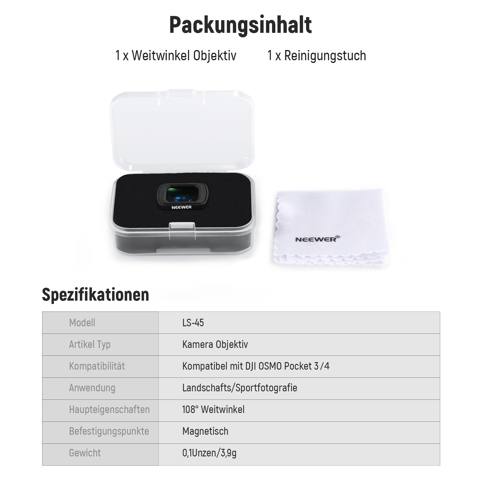 NEEWER 0,75x 108° Weitwinkelobjektiv kompatibel mit DJI Osmo Pocket 3 / Pocket 4 / Xtra Muse, HD Magnet Asphärenobjektiv für Actionkameras, LS-45